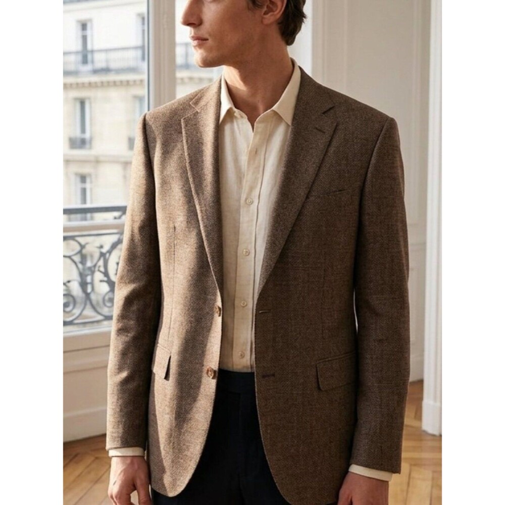 Prontomoda Italy Brown Tweed Wool Cashmere Blazer 46L | Elbow Patch Sport Coat